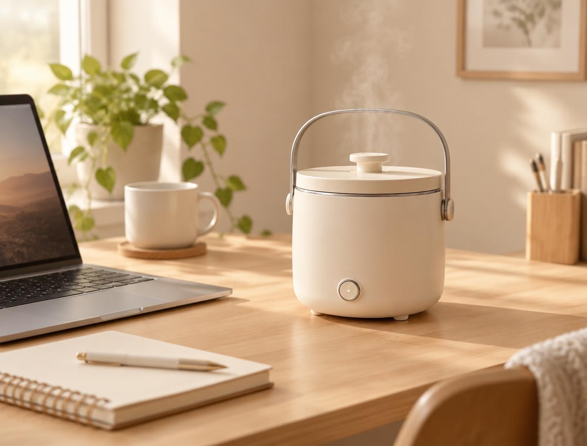 Mini olla eléctrica sobre un escritorio junto a un portátil